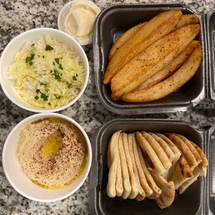 Side of Rice w/ Garlic Sauce, Hummus, and Lemon Potatoes!