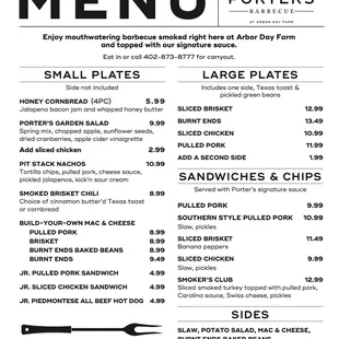 Porter&apos;s BBQ Menu