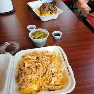 BBQ bowls with chicken and brisket (tons of food packed into a small container)