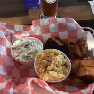 Pork belly burnt ends, loaded potato salad &amp; Mac n cheese