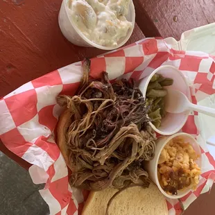 Pulled brisket, mac, green beans, potato salad