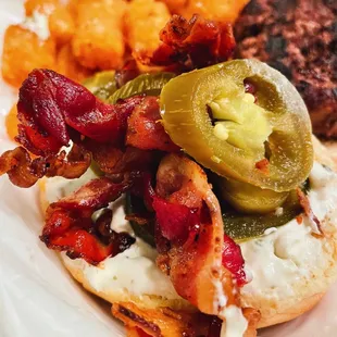 Burger with Jalapeño cream cheese , Jalapeños &amp; Bacon