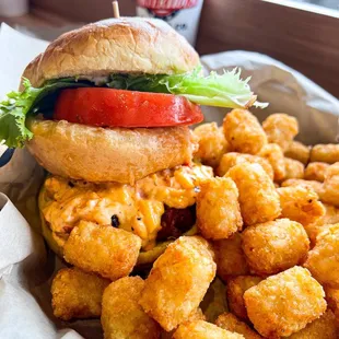 BYO with pimento cheese and an onion ring - side of tots