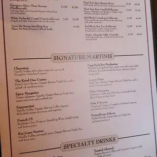 Wine and cocktail menu