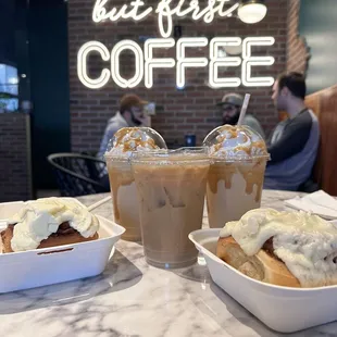 An Iced White House Mocha, 2 Frozen Drowsy Travelers, and Cinnamon Rolls