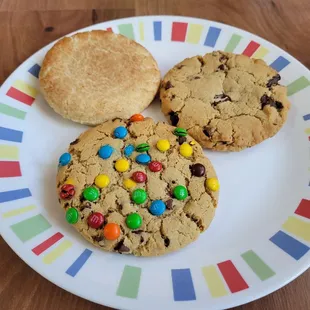 M&amp;M cookie, chocolate chip cookie, and snickerdoodle.