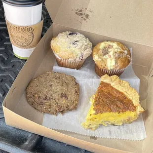 Coffee, quiche, cookie, muffins