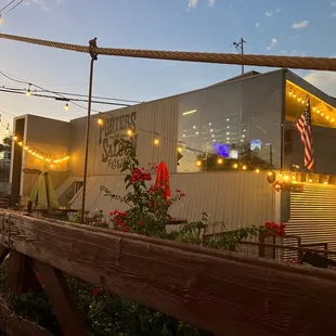 Back side of the restaurant, twilight.