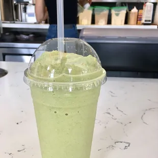 Green Smoothie-Kale, Spinach, Banana, Orange juice, Turmeric.  Excellent drink! Excellent barista!