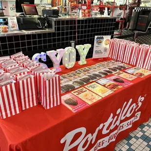 a red table with a red table cloth covered with red and white striped tablecloths