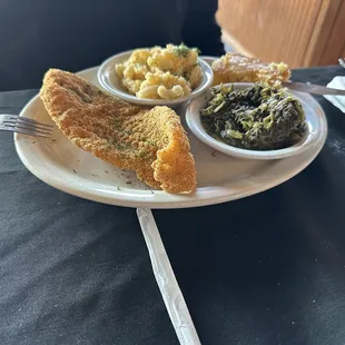 Fried fish, greens and macaroni &amp; cheese.