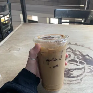 Iced oat milk latte with honey &amp; cinnamon