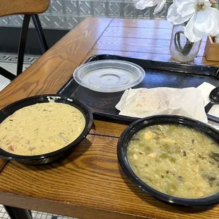 Clam chowder left and lemon chicken with rice on right