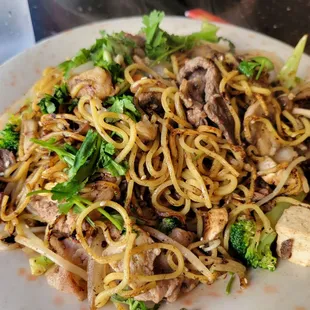 a plate of noodles with meat and broccoli