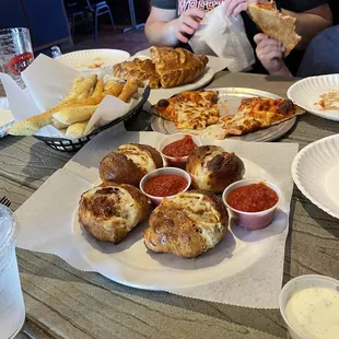 Pepperoni puffs, breadsticks, cheese pizza, and Nashville hot chicken pocket.