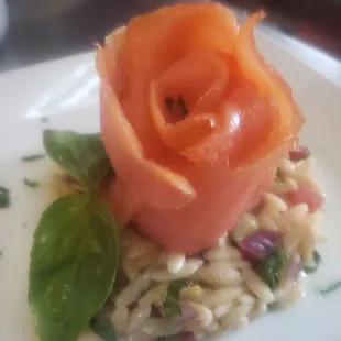 Smoked salmon rosette with tangy orzo salad