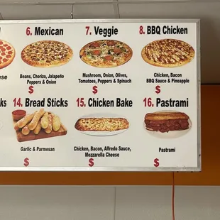 a menu for a variety of pizzas