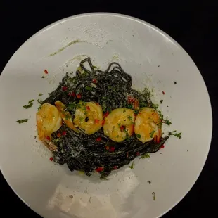 Black Tagliatelle with spicys wild shrimps