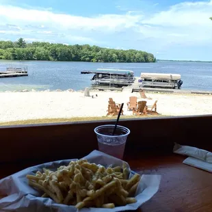 a view of the beach from a restaurant