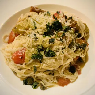 Capellini Carciofi - artichokes, tomato, basil, pine nuts, white wine butter pan sauce, angel hair pasta