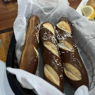 Hot warm salted pretzels for best crab dip