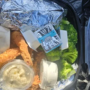 Fried jumbo shrimp platter (packaged to go) shrimp broccoli baked potatoe