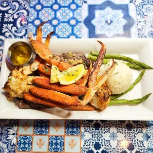Grilled Rib Eye and snow Crab leg