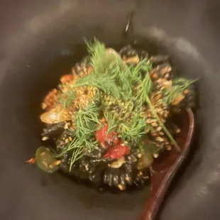 Black fusilli pasta with seafood