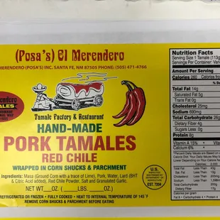 Red chile pork label. Original Posa Tamales recipe made since 1955.