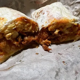 Red chile, crispy bacon breakfast burrito.