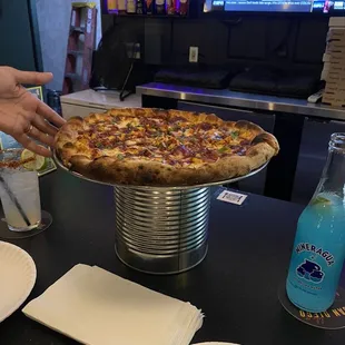 Delicious BBQ Chicken Pizza and drinks!