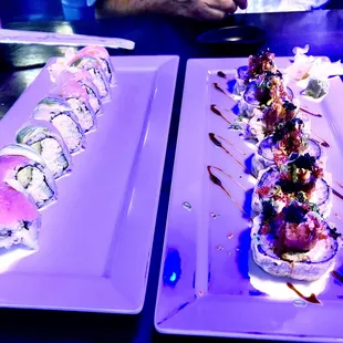 Rainbow roll on left and Poseidon roll on right