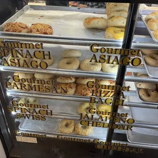 a variety of bagels on display