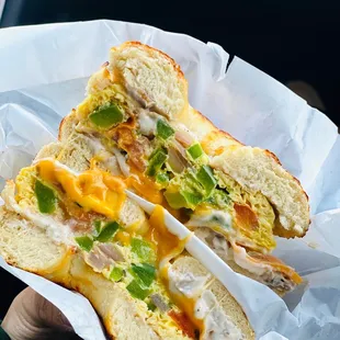 a person holding a sandwich
