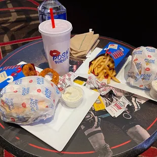 Double Cheeseburger with Onion Rings &amp; Buffalo Chicken Sandwich with fries .  Ranch on the side