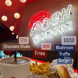Chocolate shake, fries, mushroom truffle burger