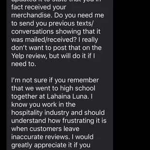 Text message from the company