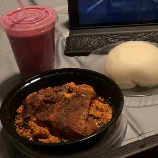 Egusi Soup w/Crocker and fufu. Beetroot Punch