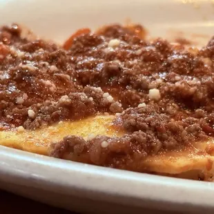 Daily pasta special, cheese ravioli with bolognese sauce