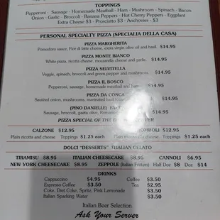 Lunch menu - Pizza, calzone, and desserts.