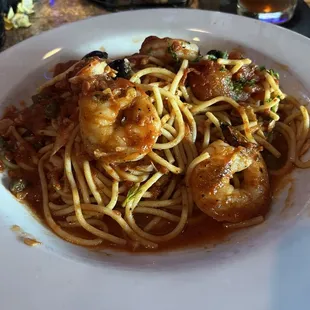 Spaghetti alla puttanesca with shrimp