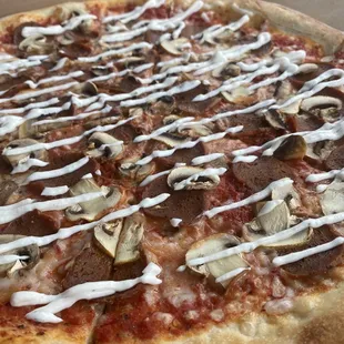 Possum roni with mushrooms &amp; ranch drizzle