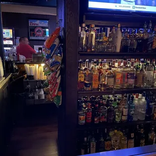 a bar filled with liquor bottles