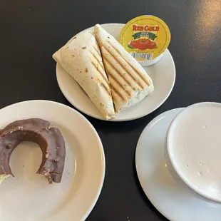 Donut, breakfast burrito and chai latte