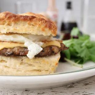 chicken sausage, egg and cheese biscuit sandwich.