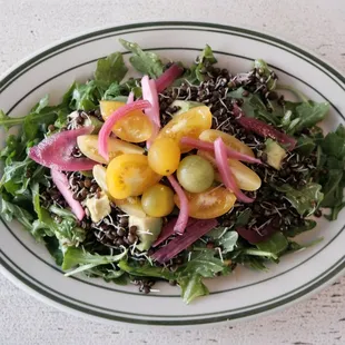 Sprouted lentil salad with pickled red onions, avocado, baby heirloom tomatoes and arugula