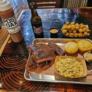 My spread (Pork ribs, Jalapeño Bacon Mac n Cheese, Fried okra, corn muffins, IBC Root Beer)