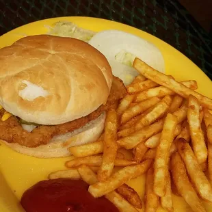 Homemade tenderloin in seasoned fries. Yum!
