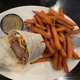My Korean pork wrap with up charge sweet potato fries