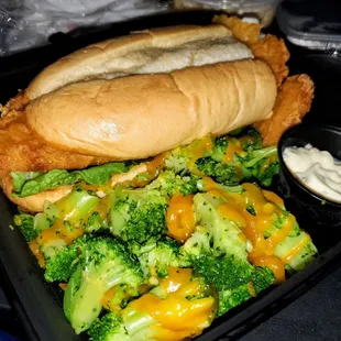 Beer Battered haddock sandwich. Side of broccoli &amp; cheese.